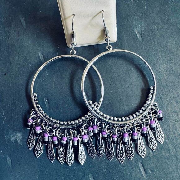 Silver Lavender Purple Boho Statement Earrings - Picture 1 of 2